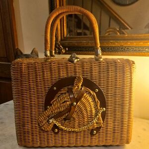Vintage Wicker Imported Handbag with Horseshoe and Horsehead Detail.